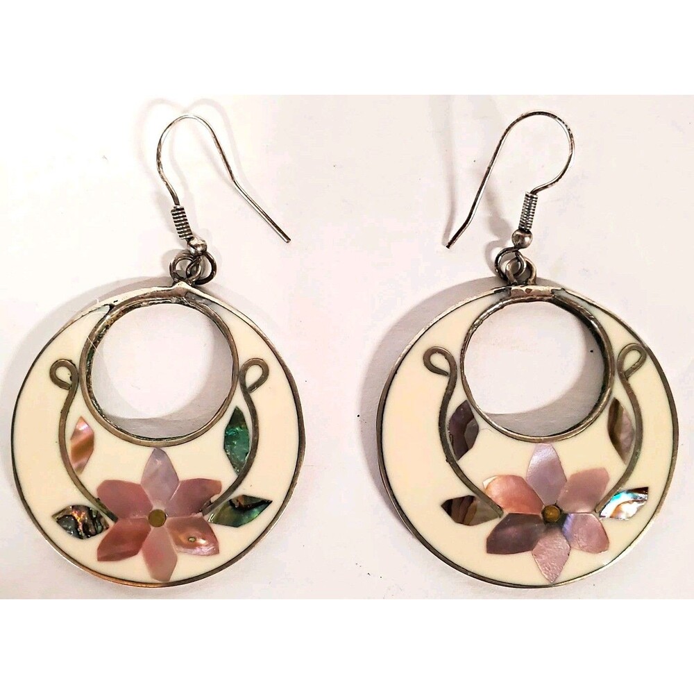 Vintage Mexican Alpaca silver tone abalone floral hoop dangle earrings